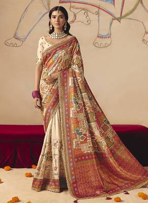 Cream embroidered silk blend saree 1