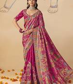 Rani pink embroidered silk blend saree