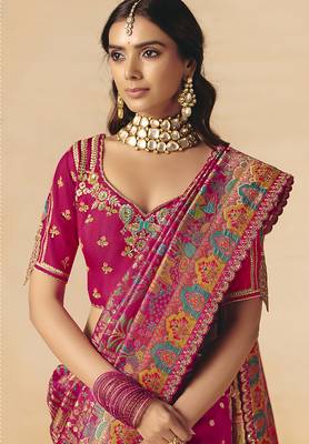 Rani pink embroidered silk blend saree 2