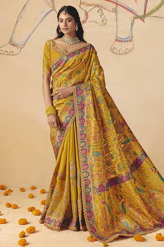 Mustard embroidered silk blend saree
