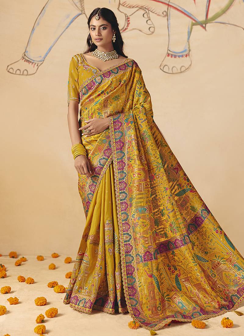 Mustard embroidered silk blend saree