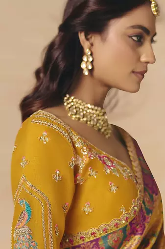 Mustard embroidered silk blend saree