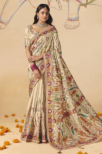 Cream embroidered silk blend saree