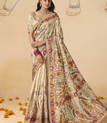 Cream embroidered silk blend saree