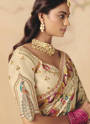 Cream embroidered silk blend saree 2