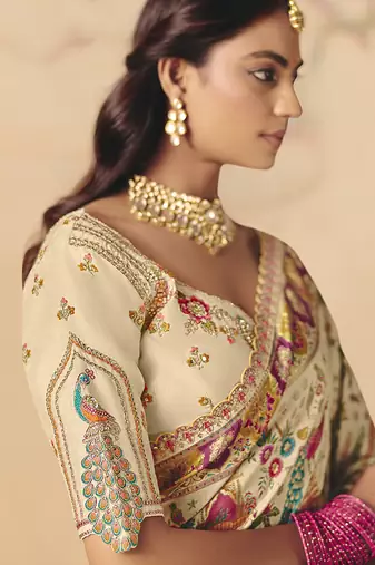 Cream embroidered silk blend saree