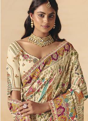 Cream embroidered silk blend saree 3