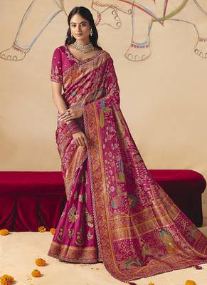 Rani pink embroidered silk blend saree 1