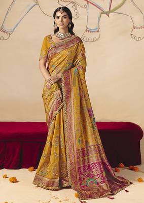 Mustard embroidered silk blend saree 1