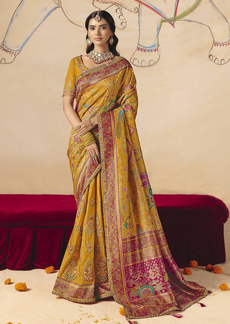 Mustard embroidered silk blend saree