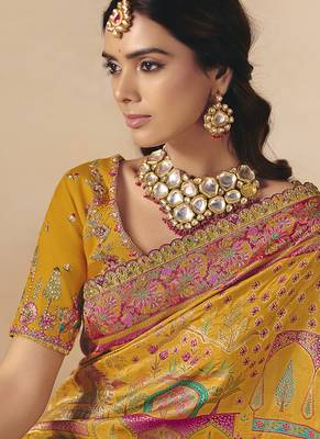Mustard embroidered silk blend saree 2
