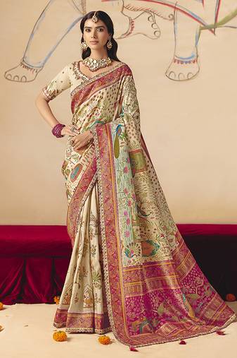 Cream embroidered silk blend saree