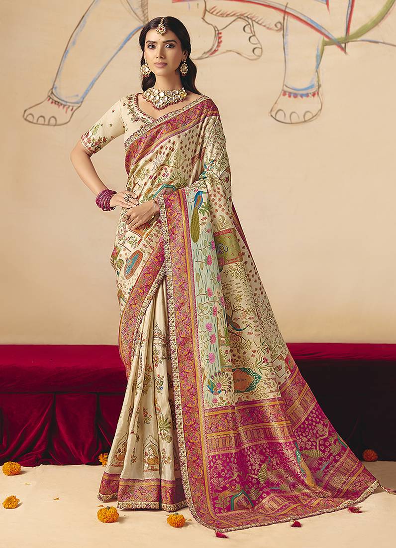 Cream embroidered silk blend saree