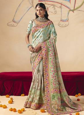 Aqua blue embroidered silk blend saree 1