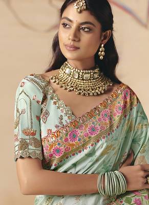 Aqua blue embroidered silk blend saree 2