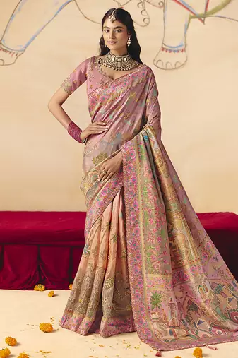 Pink embroidered silk blend saree