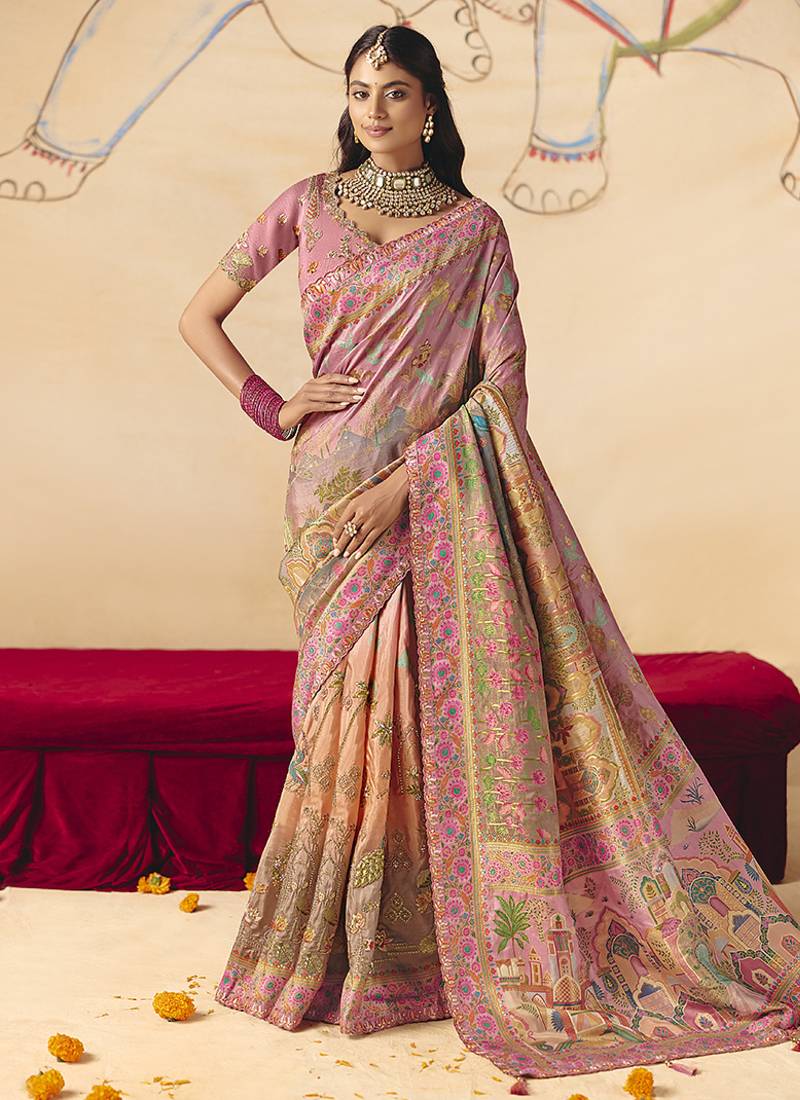 Pink embroidered silk blend saree