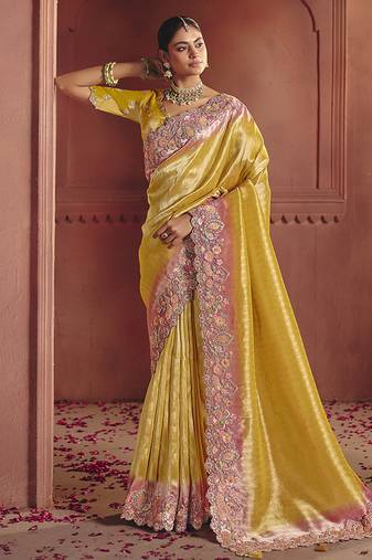 Yellow silk blend embroidered saree