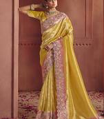 Yellow silk blend embroidered saree
