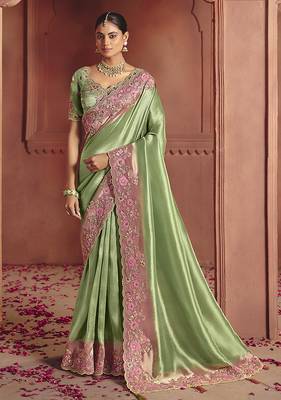 Sea green silk blend embroidered saree 1