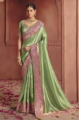 Sea green silk blend embroidered saree