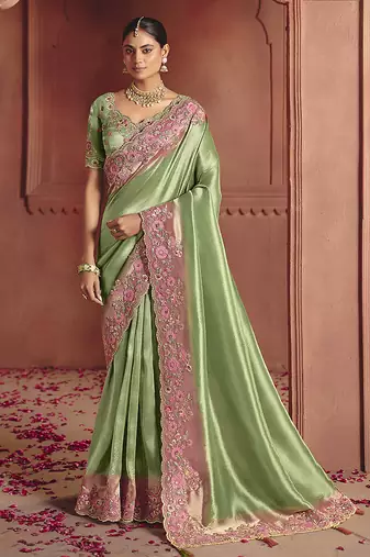 Sea green silk blend embroidered saree