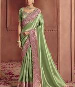 Sea green silk blend embroidered saree
