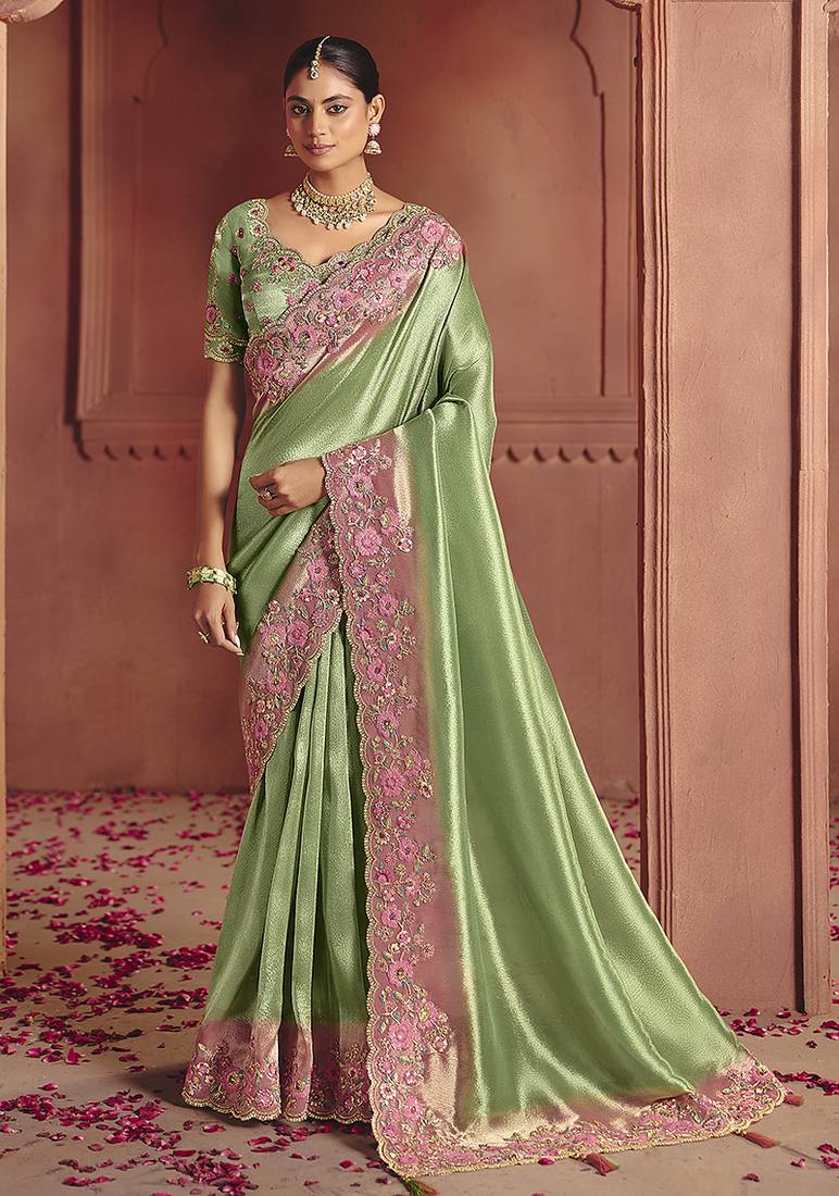 Sea green silk blend embroidered saree