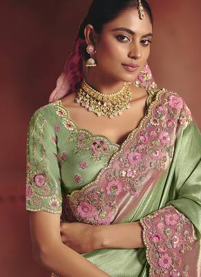 Sea green silk blend embroidered saree 2