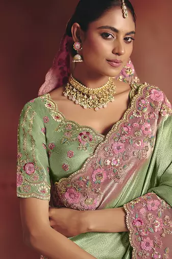 Sea green silk blend embroidered saree