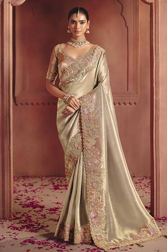 Beige silk blend embroidered saree