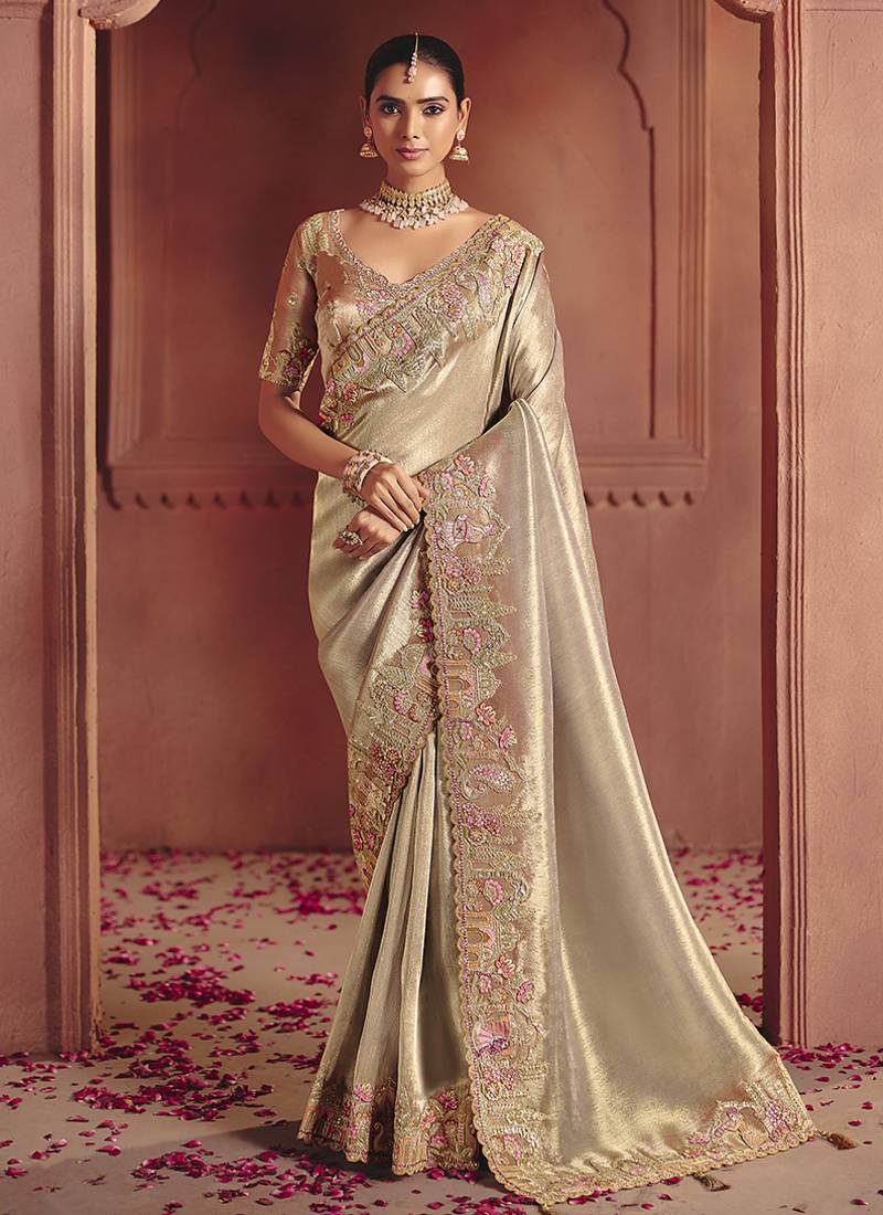 Beige silk blend embroidered saree