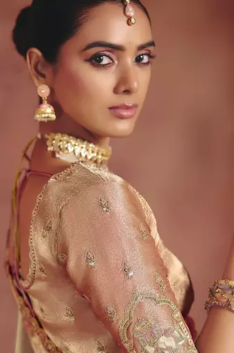 Beige silk blend embroidered saree