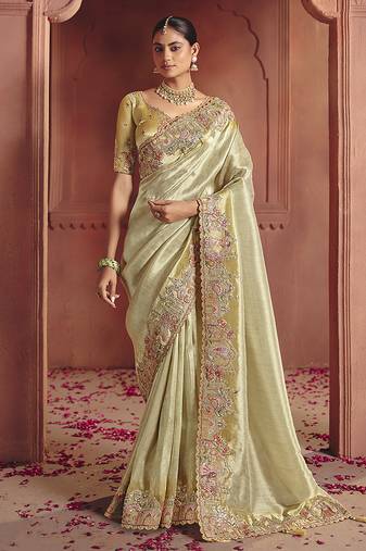 Pista green silk blend embroidered saree