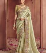 Pista green silk blend embroidered saree