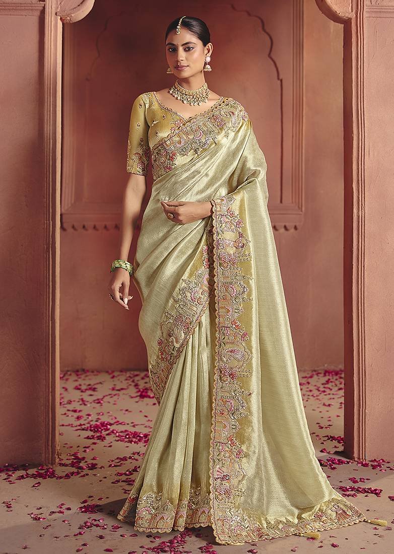 Pista green silk blend embroidered saree