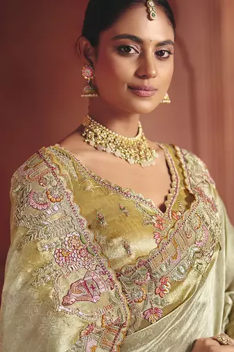 Pista green silk blend embroidered saree