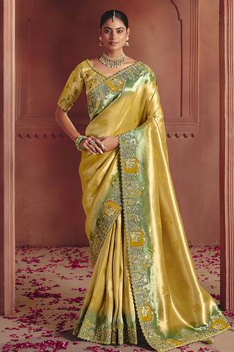 Mustard silk blend embroidered saree