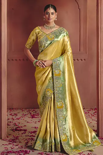 Mustard silk blend embroidered saree