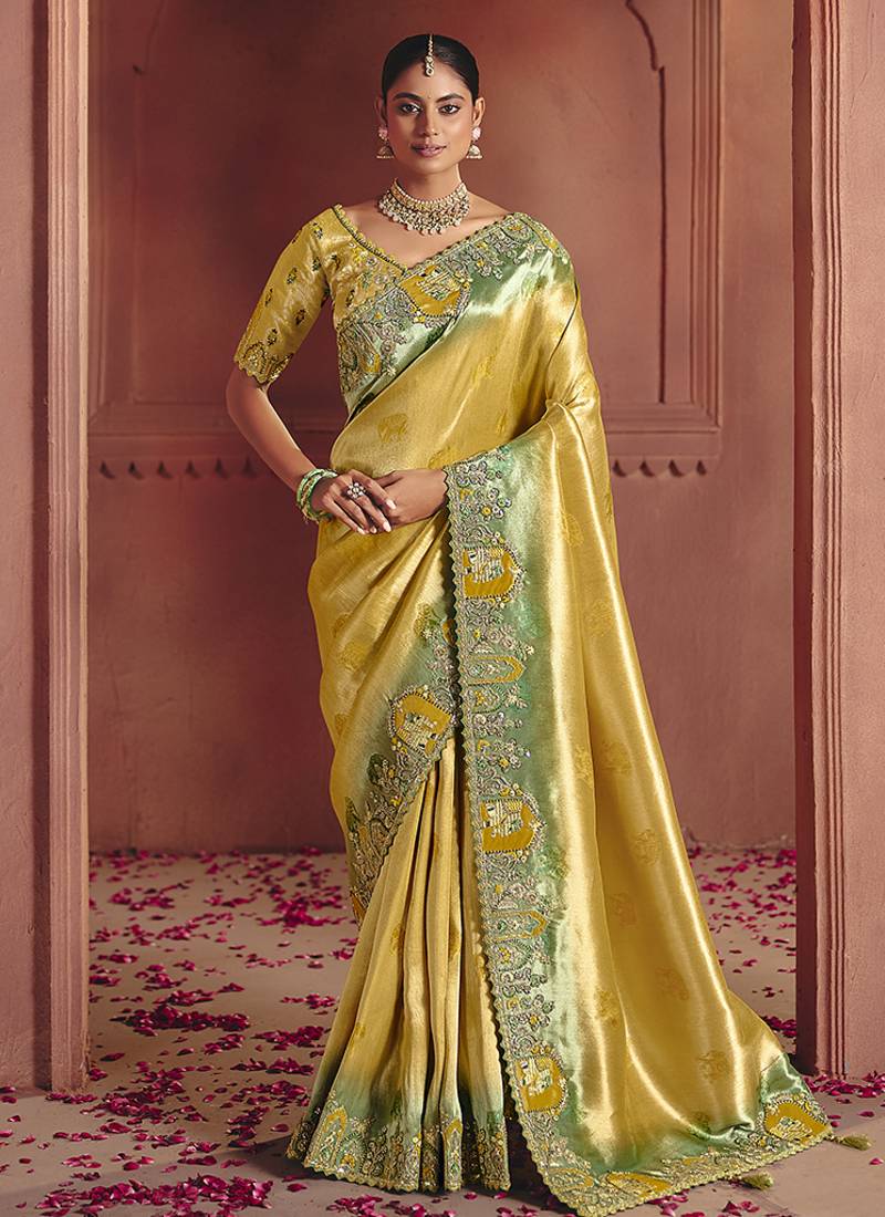 Mustard silk blend embroidered saree
