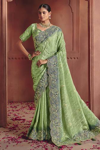 Jacquard sea green embroidered wedding saree