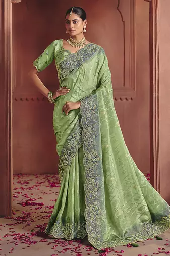 Jacquard sea green embroidered wedding saree