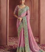 Pink silk blend embroidered saree