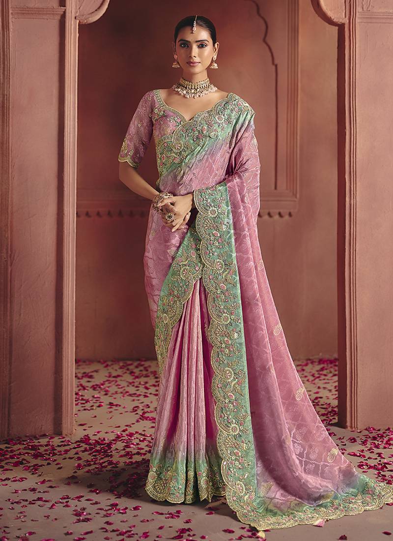 Pink silk blend embroidered saree