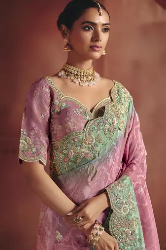 Pink silk blend embroidered saree