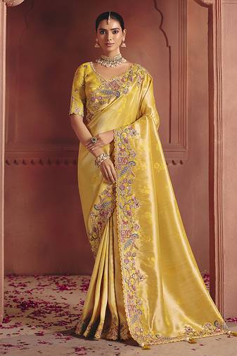 Yellow silk blend embroidered saree