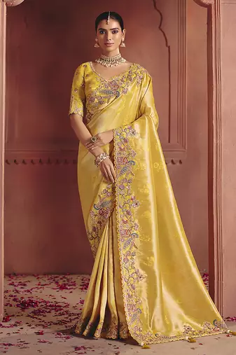 Yellow silk blend embroidered saree