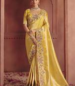 Yellow silk blend embroidered saree