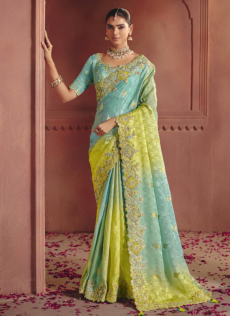 Jacquard multicolor embroidered wedding saree