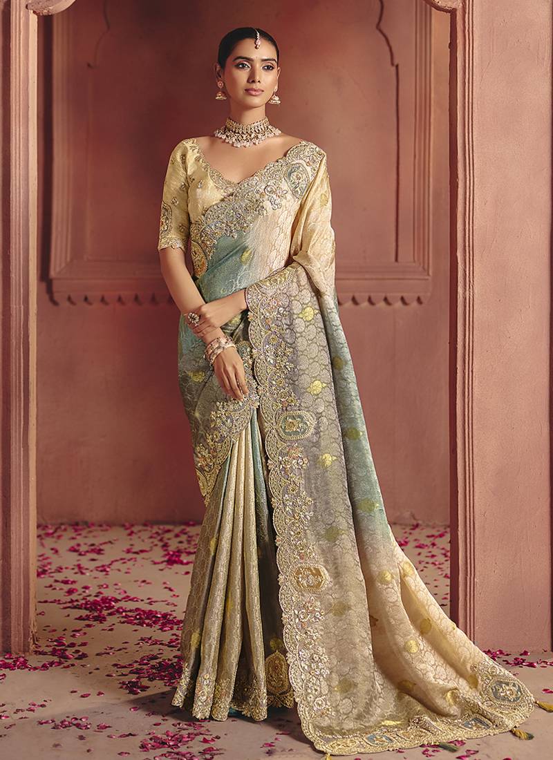 Jacquard multicolor embroidered wedding saree